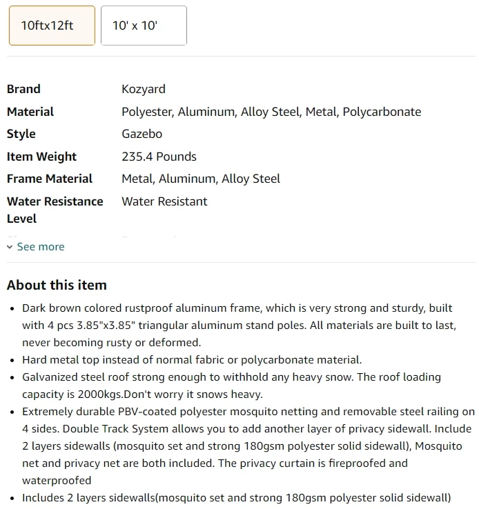 Full Features of the Kozyard Rosana Gazebo