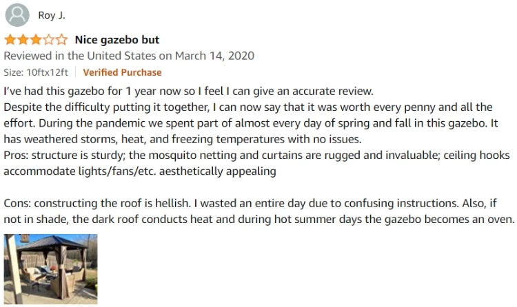 Top Negative Review for the Kozyard Rosana Gazebo