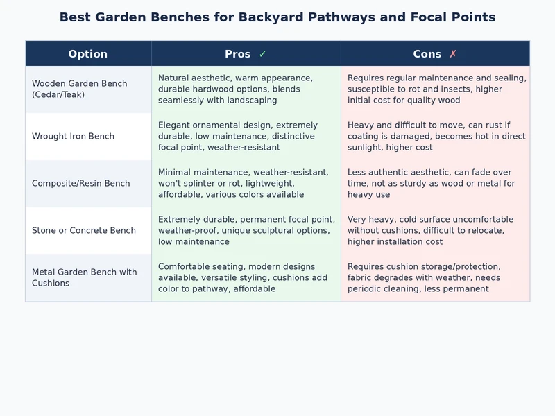 Comparison of garden bench styles and materials for backyard pathways and focal points