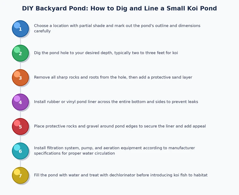 Process diagram showing excavation stages and liner placement for a DIY backyard koi pond