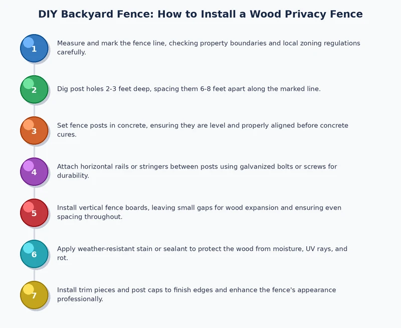 Step-by-step process diagram for DIY wood privacy fence installation showing layout, post setting, rail attachment, and picket installation