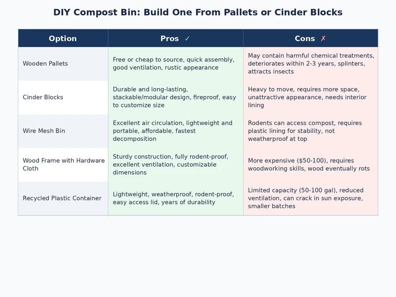 Visual comparison of pallet compost bin versus cinder block compost bin designs with labeled features