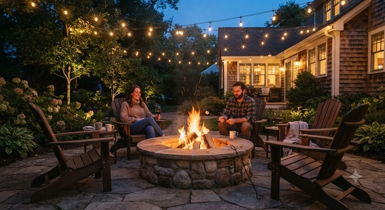 DIY backyard fire pit built with stacked concrete blocks surrounded by gravel and outdoor seating