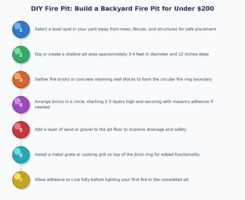 Step-by-step process diagram showing how to build a DIY backyard fire pit from excavation to final assembly