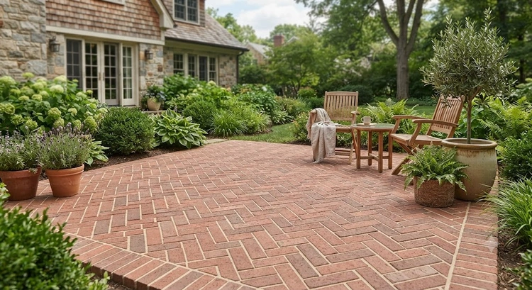 DIY paver patio installation showing compacted gravel sub-base, screeded sand layer, and concrete pavers being set in place