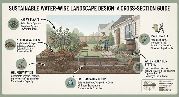 infographic showing key drought tolerant landscaping ideas including hydrozoning, mulching depth, and native plant selection