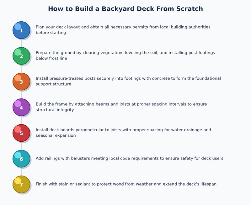 backyard deck construction process diagram showing footing foundation framing and decking installation stages