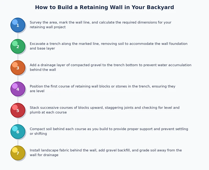 step-by-step process diagram showing how to build a retaining wall backyard installation sequence
