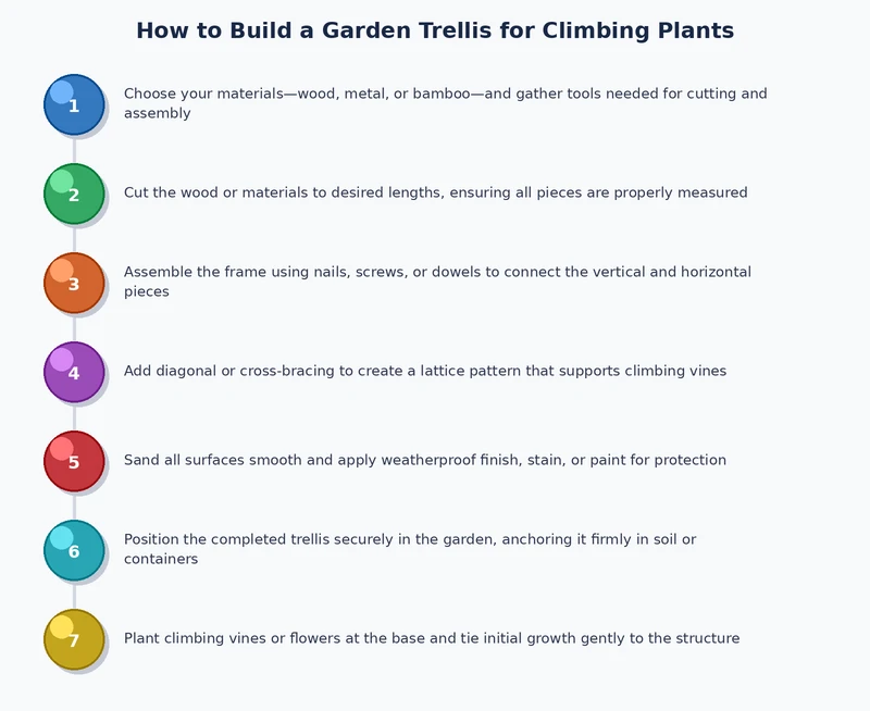 Step-by-step process diagram for building a DIY garden trellis for climbing plants