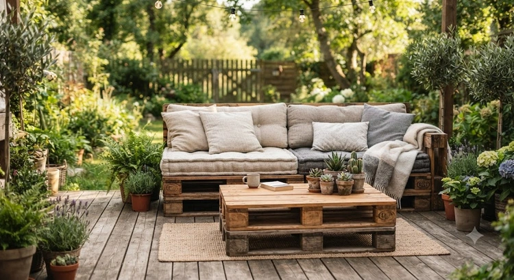 Pallet outdoor furniture DIY — completed sofa and coffee table set on a backyard patio