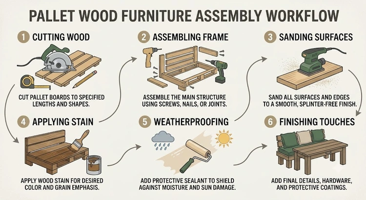 Pallet outdoor furniture DIY infographic showing build types by space size and difficulty level