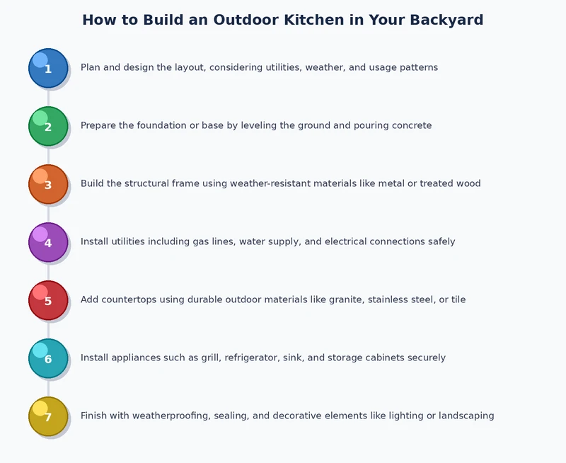 step-by-step process diagram showing how to build an outdoor kitchen from slab to finished appliances