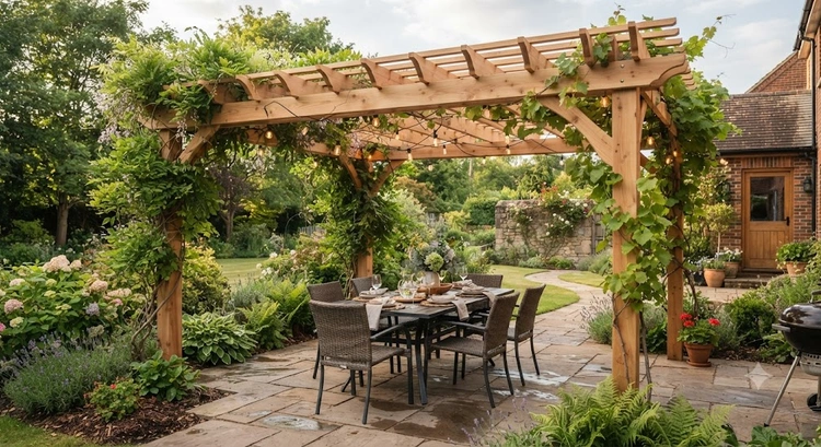 DIY cedar pergola built in a weekend with open beam-and-rafter overhead structure