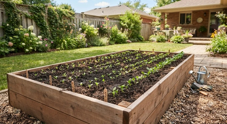 Completed raised garden bed built from cedar boards in a sunny backyard setting