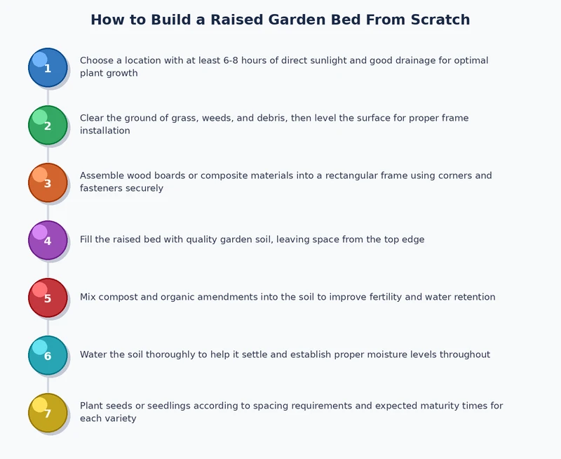 Step-by-step process diagram showing raised garden bed frame assembly and soil filling stages