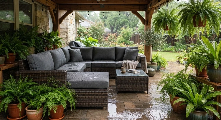 weather resistant outdoor furniture guide showing teak dining set on covered patio