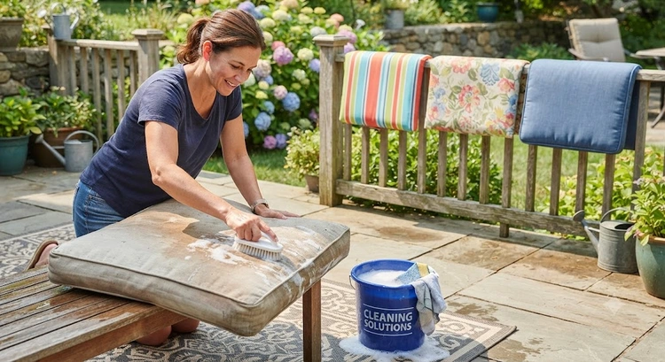 how to clean outdoor cushions — brushing and rinsing fabric cushions on a sunny backyard patio