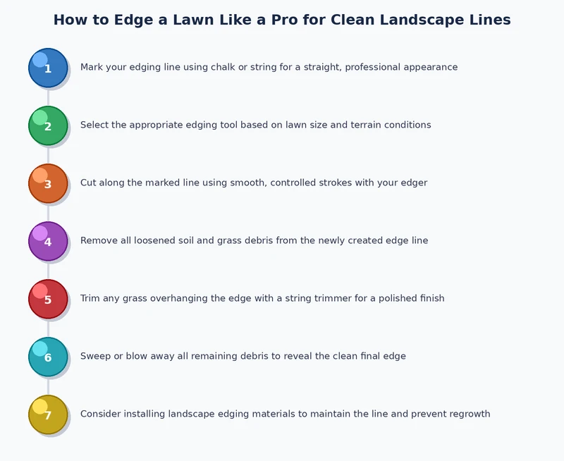step by step process diagram showing how to edge a lawn along a sidewalk using a stick edger