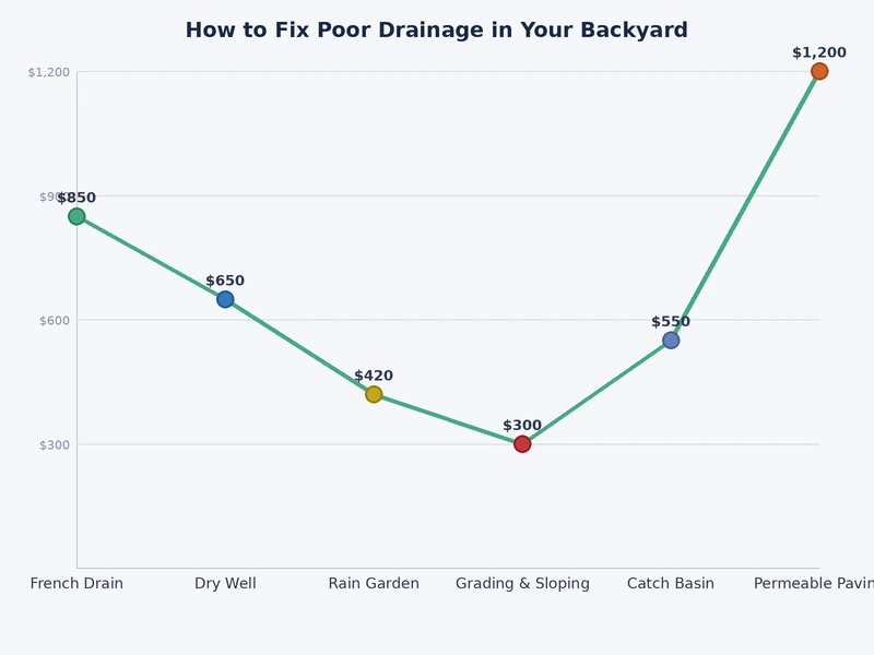chart comparing effectiveness and cost of backyard drainage solutions including French drains, regrading, dry creek beds, and rain gardens