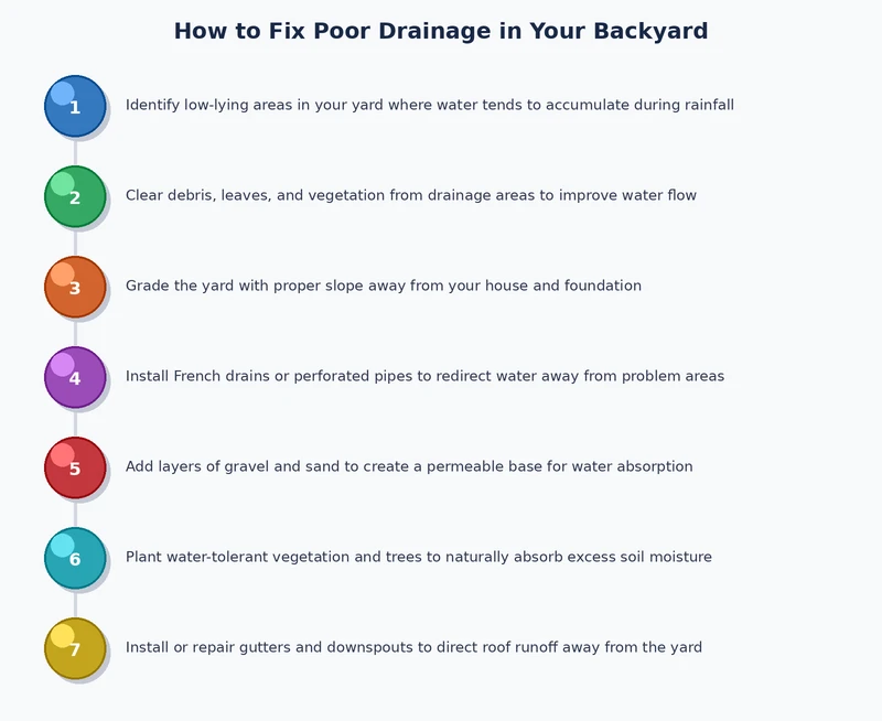 process diagram showing steps to fix poor backyard drainage from diagnosis through French drain installation and outlet confirmation