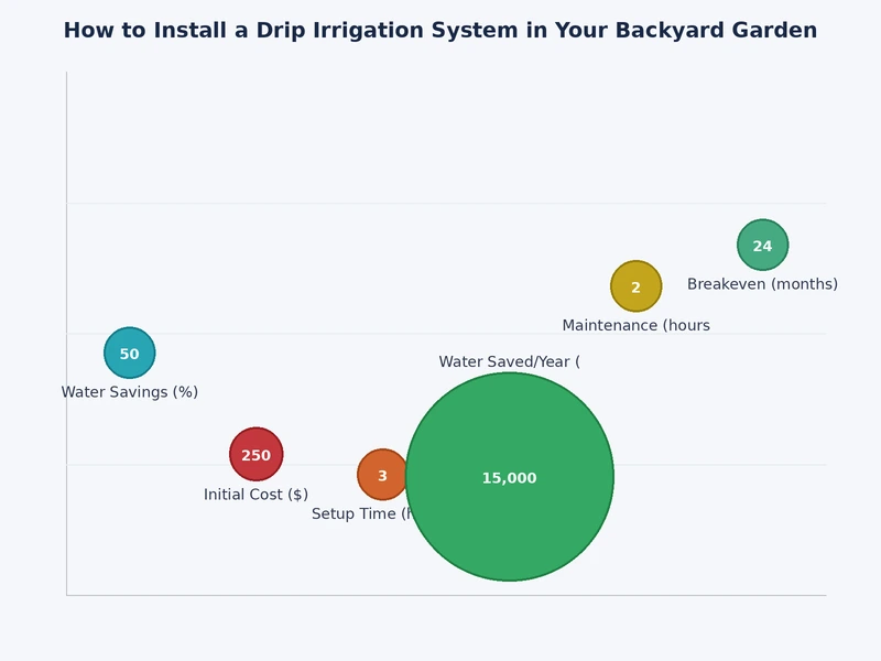 bar chart comparing water efficiency percentages for drip irrigation vs sprinklers vs hand watering in garden