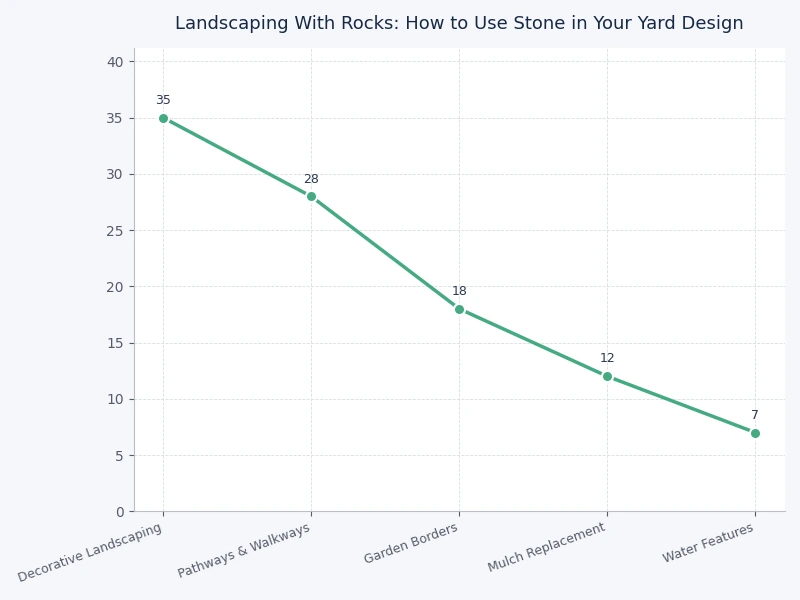 Chart comparing landscaping rock types by maintenance level cost and best use case for yard design
