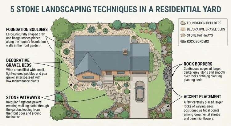 Infographic showing landscaping with rocks ideas including dry creek bed construction, boulder placement rules, and rock garden design principles