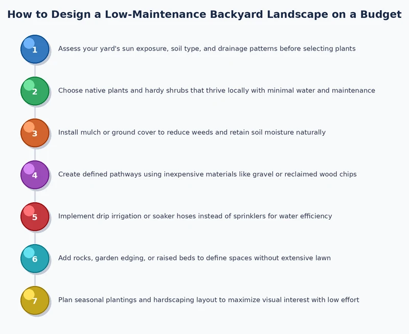 low maintenance backyard landscape design process diagram showing priority sequence from drainage to planting