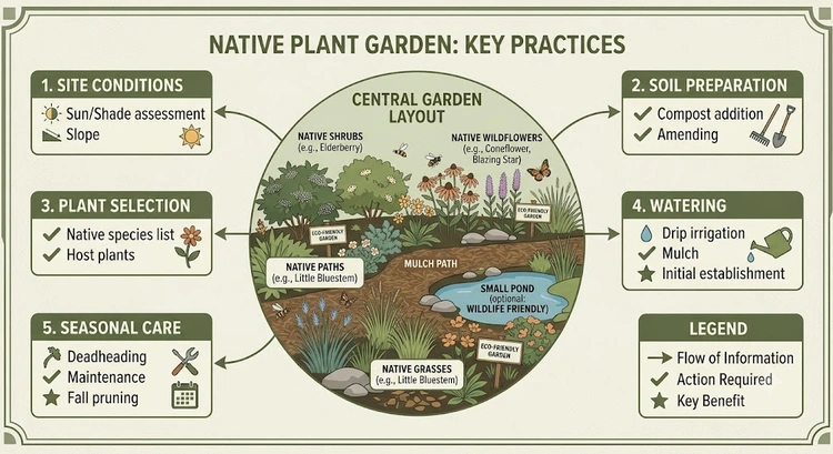 native plant landscaping guide infographic showing regional plant selection steps, soil preparation, and the establishment timeline