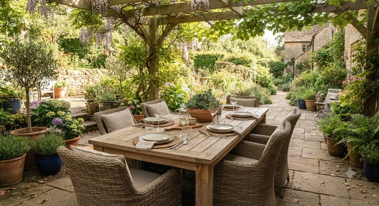 outdoor dining table buying guide showing round and rectangular tables on a wood deck patio
