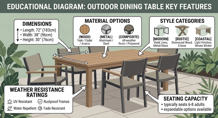 outdoor dining table buying guide infographic showing size clearance rules and material comparison