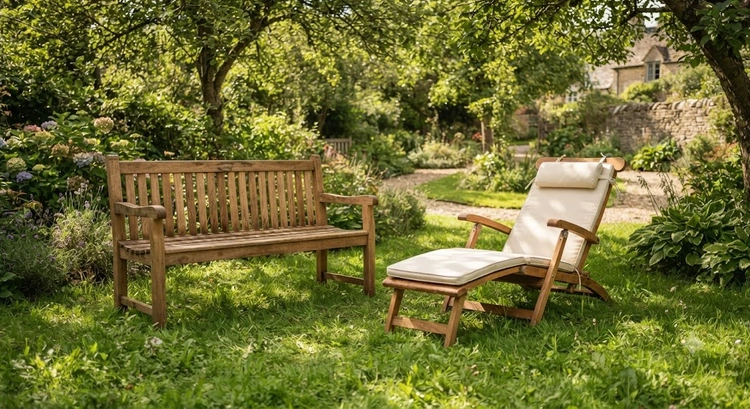 teak vs eucalyptus outdoor furniture side by side in a shaded garden setting
