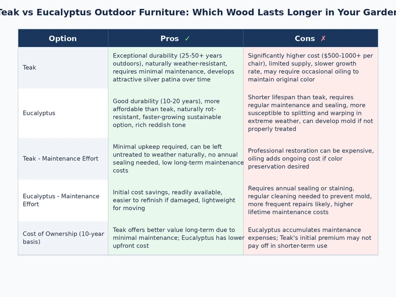 teak vs eucalyptus outdoor furniture side by side comparison showing weathering and grain differences