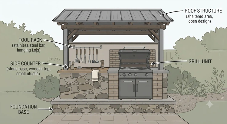 Infographic comparing freestanding, block, and frame grill station builds