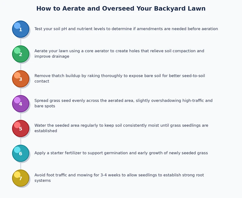 Step-by-step process diagram for aerating and overseeding a backyard lawn