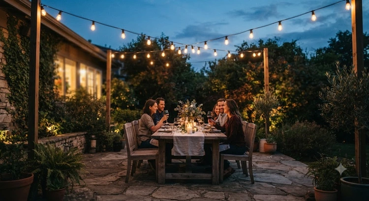 how to hang outdoor string lights backyard patio with warm bulbs strung overhead