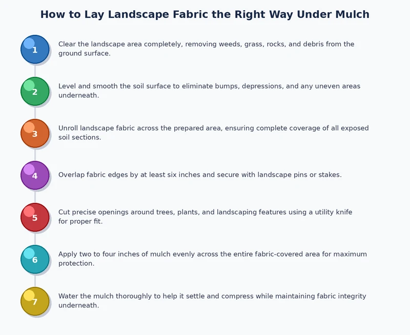 Step-by-step process diagram showing landscape fabric installation stages under mulch