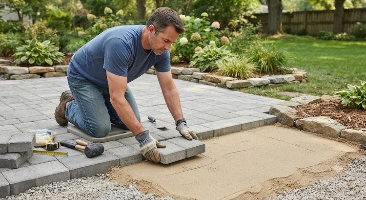 Homeowner laying patio pavers on a budget in a backyard