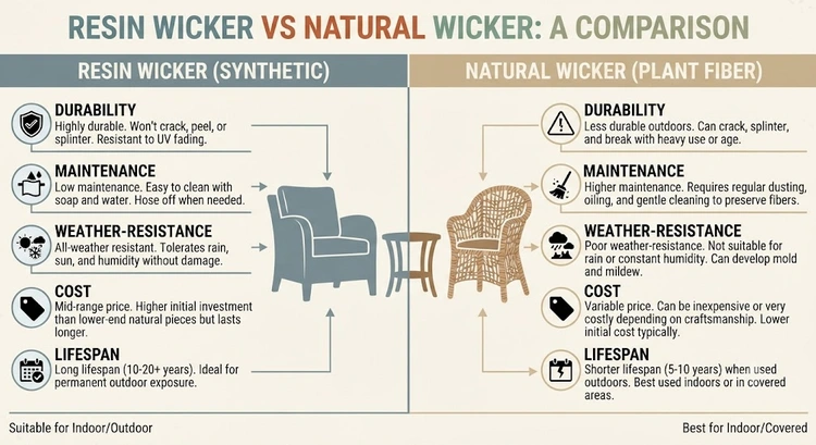 Infographic showing climate suitability for resin wicker vs natural wicker outdoor furniture