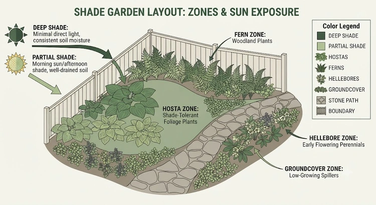 Infographic showing step-by-step shade garden installation process