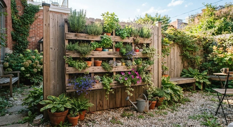 vertical garden ideas small backyard with tiered wall planters and trellised vines